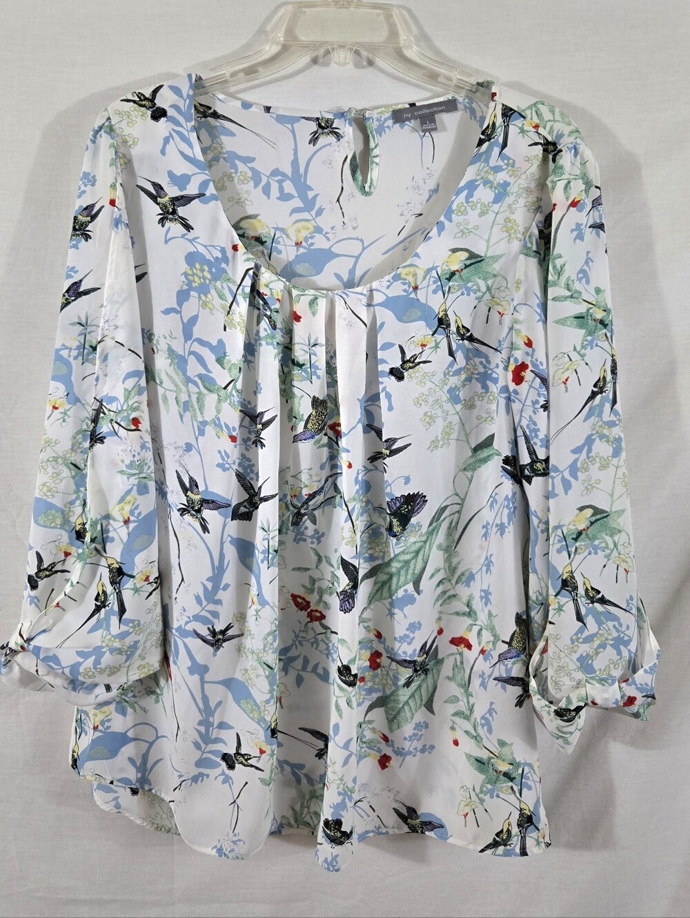 NY Collection Women's White Botanical Hummingbird Blouse Size Large